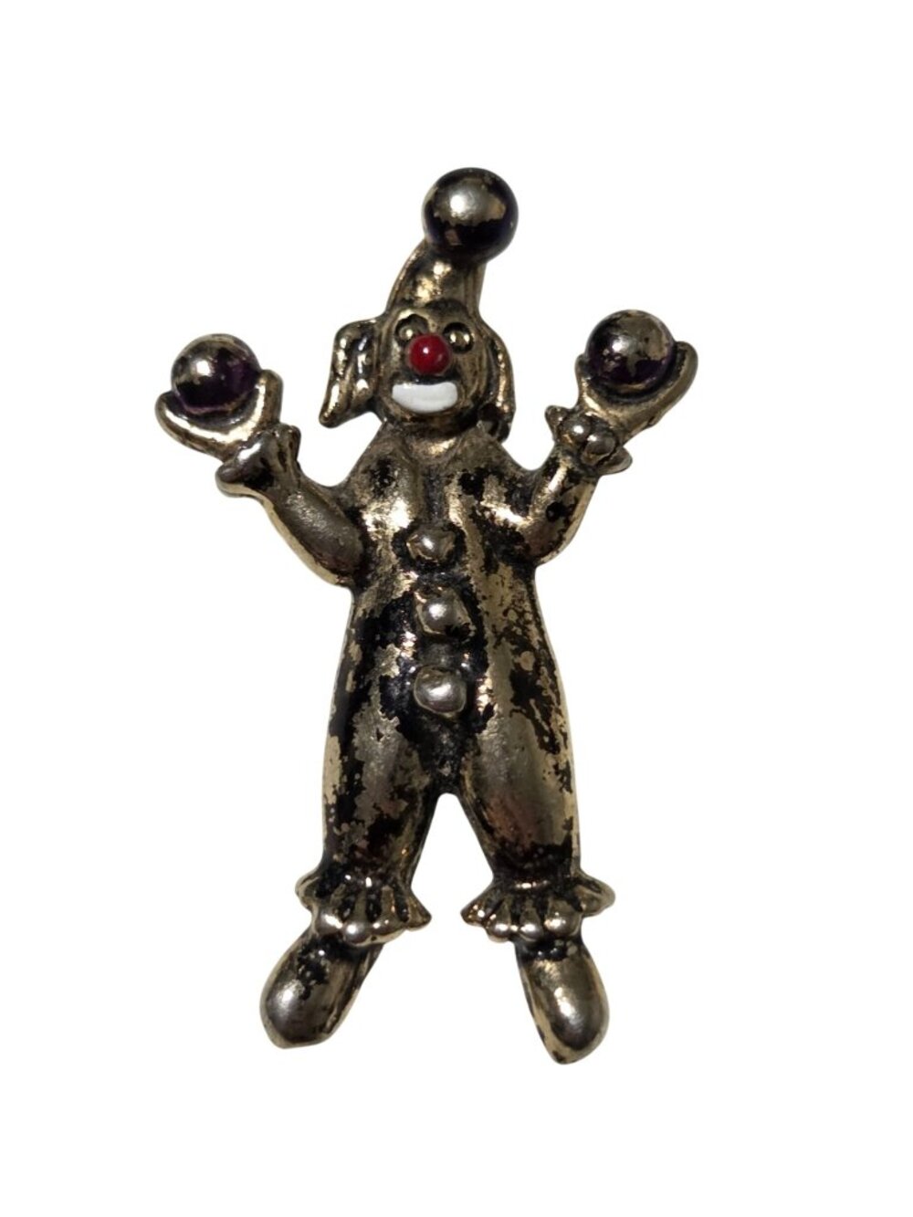 Vintage Juggling Clown Brooch Pin Red Nose Antiqued Gold Tone Whimsical Jewelry